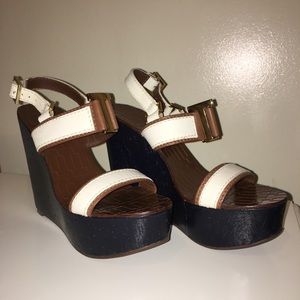 Tory Burch Blue/White/Brown Wedges